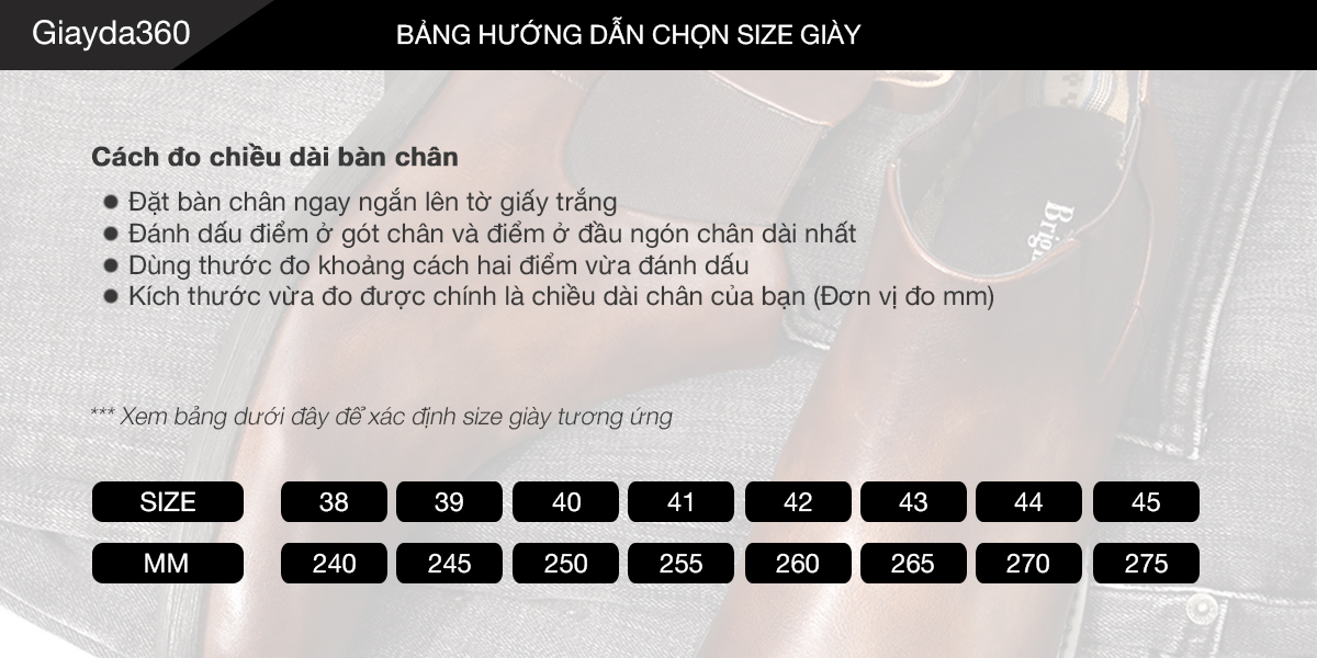 bang size giày da thật, giày da nam FTT leather